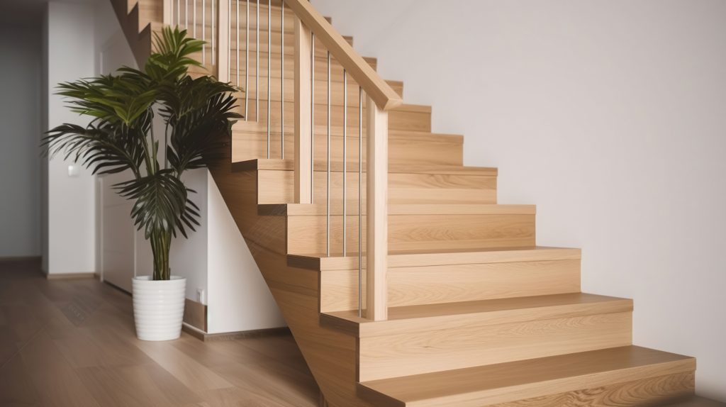 Modern natural ash tree wooden stairs in new house interior